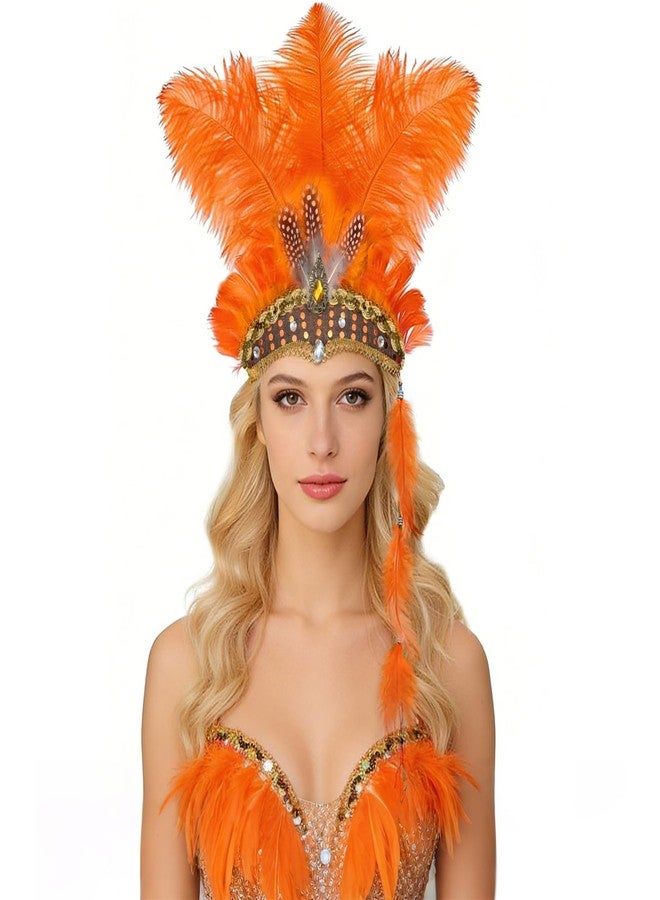 Frstem Showgirl Headpiece Orange 10x10 Inch Headband with 3x14 Inch Feather Hair Accessory Fit for Carnival Stage Performance Dance Party and Festive Events - Image 1